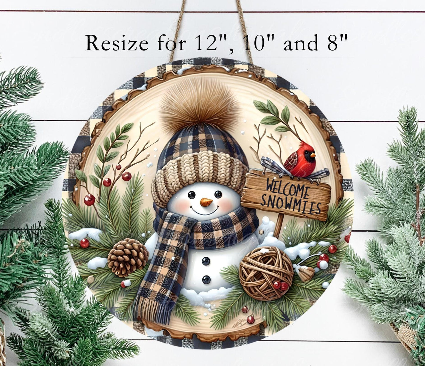 SNOWMAN CARDINAL Door hanger, wreath sign, round cutting board, ornament, can resize, for sublimation high resolution, 2 files, 1 add text