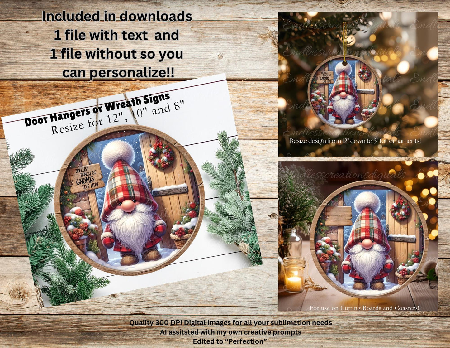 JOLLIEST GNOMES Door hanger, wreath sign, round cutting board, ornament, can resize, for sublimation high resolution, 2 files, 1 add text