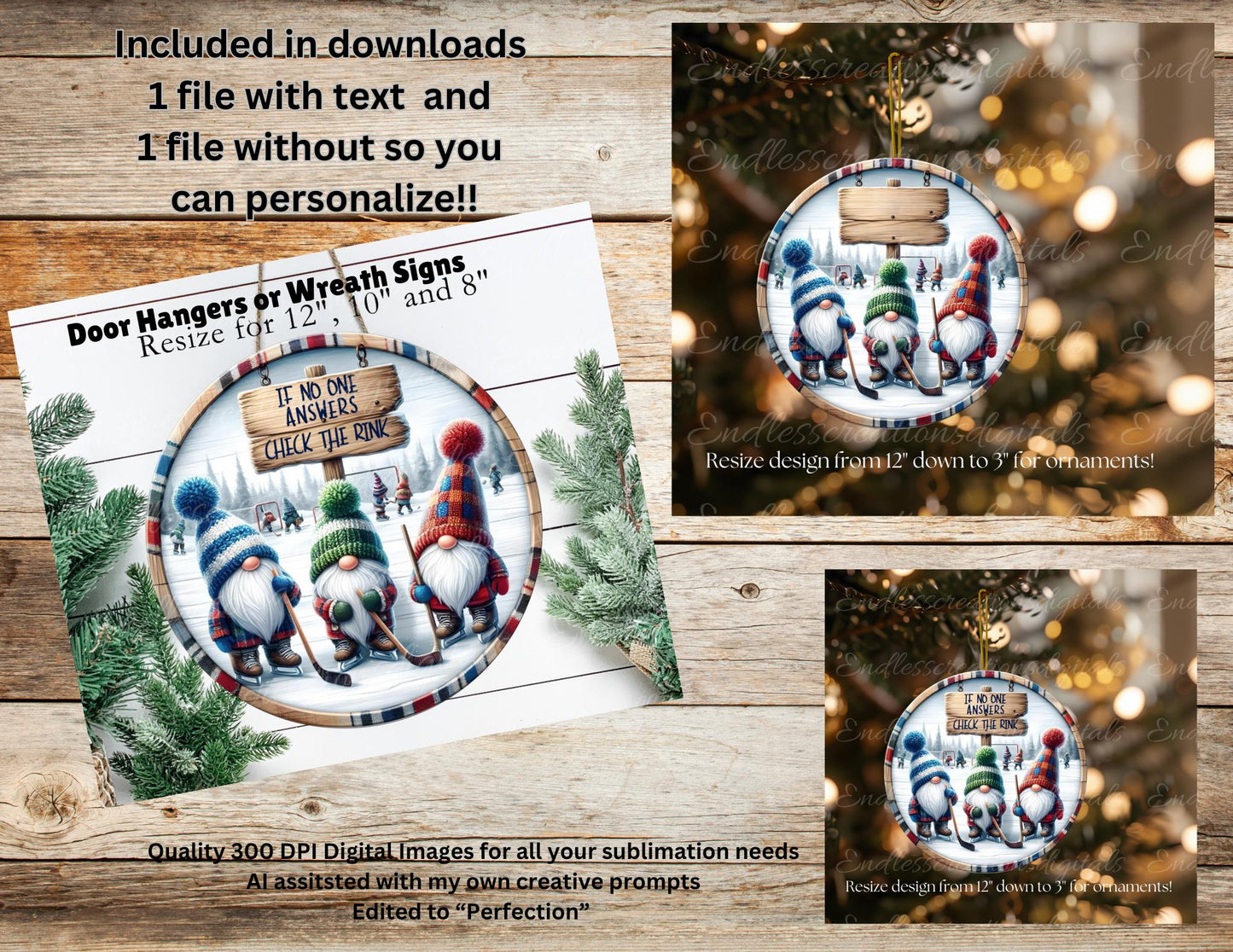 HOCKEY GNOMES Door hanger, wreath sign, round cutting board, ornament, can resize, for sublimation high resolution, 2 files, 1 add text