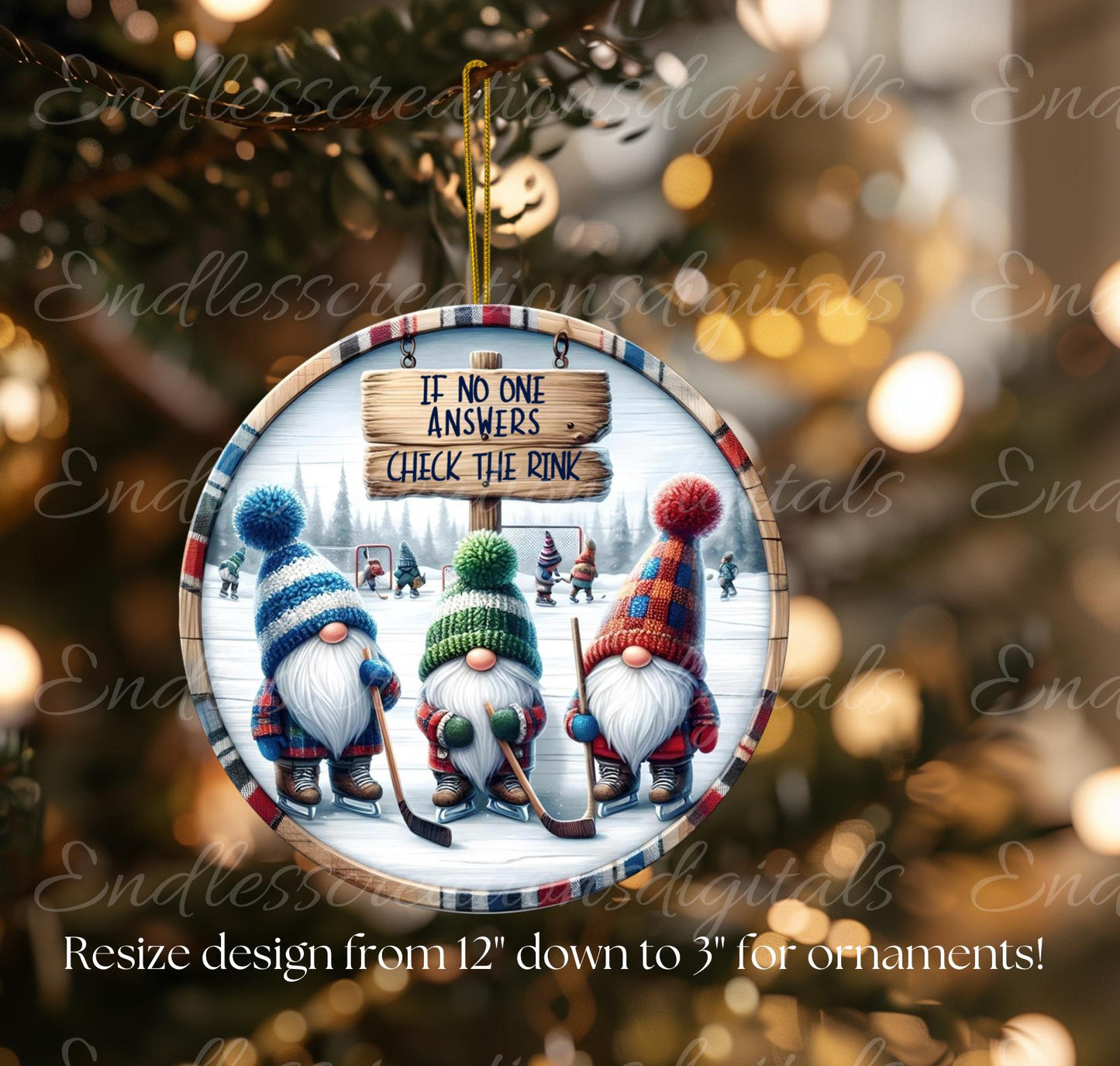 HOCKEY GNOMES Door hanger, wreath sign, round cutting board, ornament, can resize, for sublimation high resolution, 2 files, 1 add text