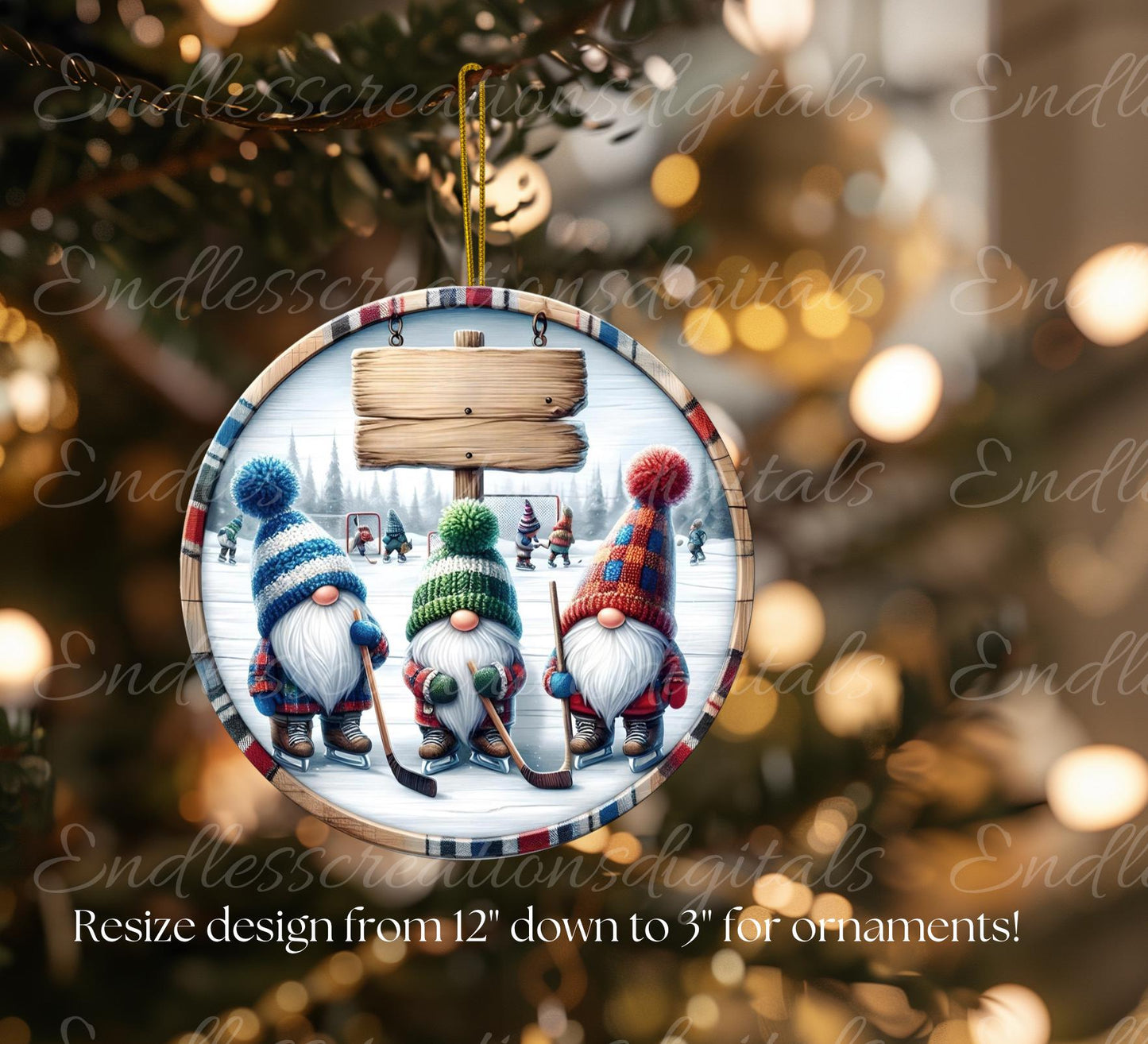 HOCKEY GNOMES Door hanger, wreath sign, round cutting board, ornament, can resize, for sublimation high resolution, 2 files, 1 add text