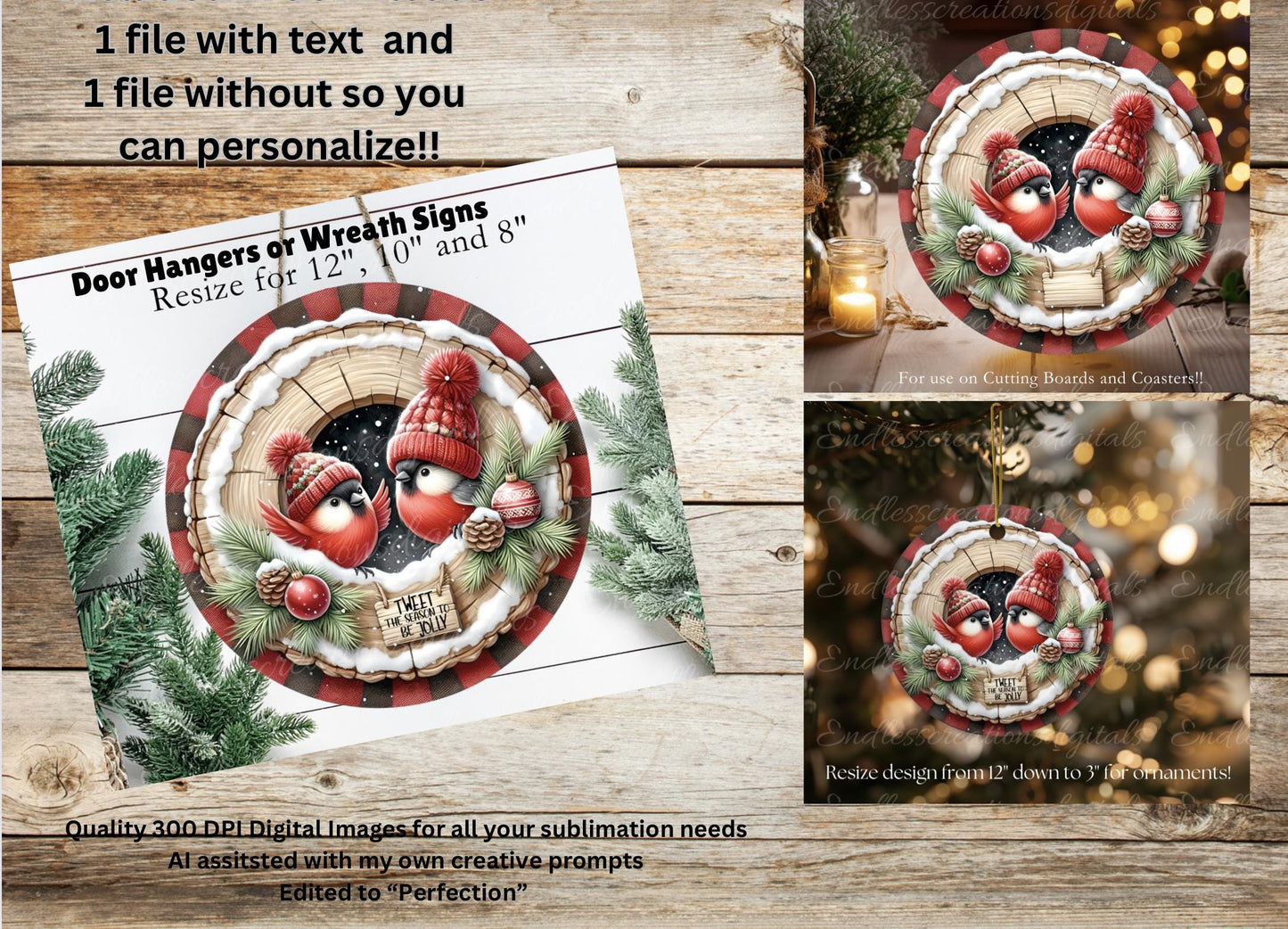 CARDINAL COUPLE Door hanger, wreath sign, round cutting board, ornament, can resize, for sublimation high resolution, 2 files, 1 add text