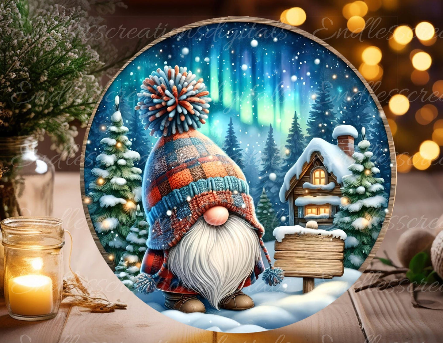 GNOME FOR HOLIDAYS Door hanger, wreath sign, round cutting board, ornament, resize, for sublimation high resolution 2 files, 1 add own text