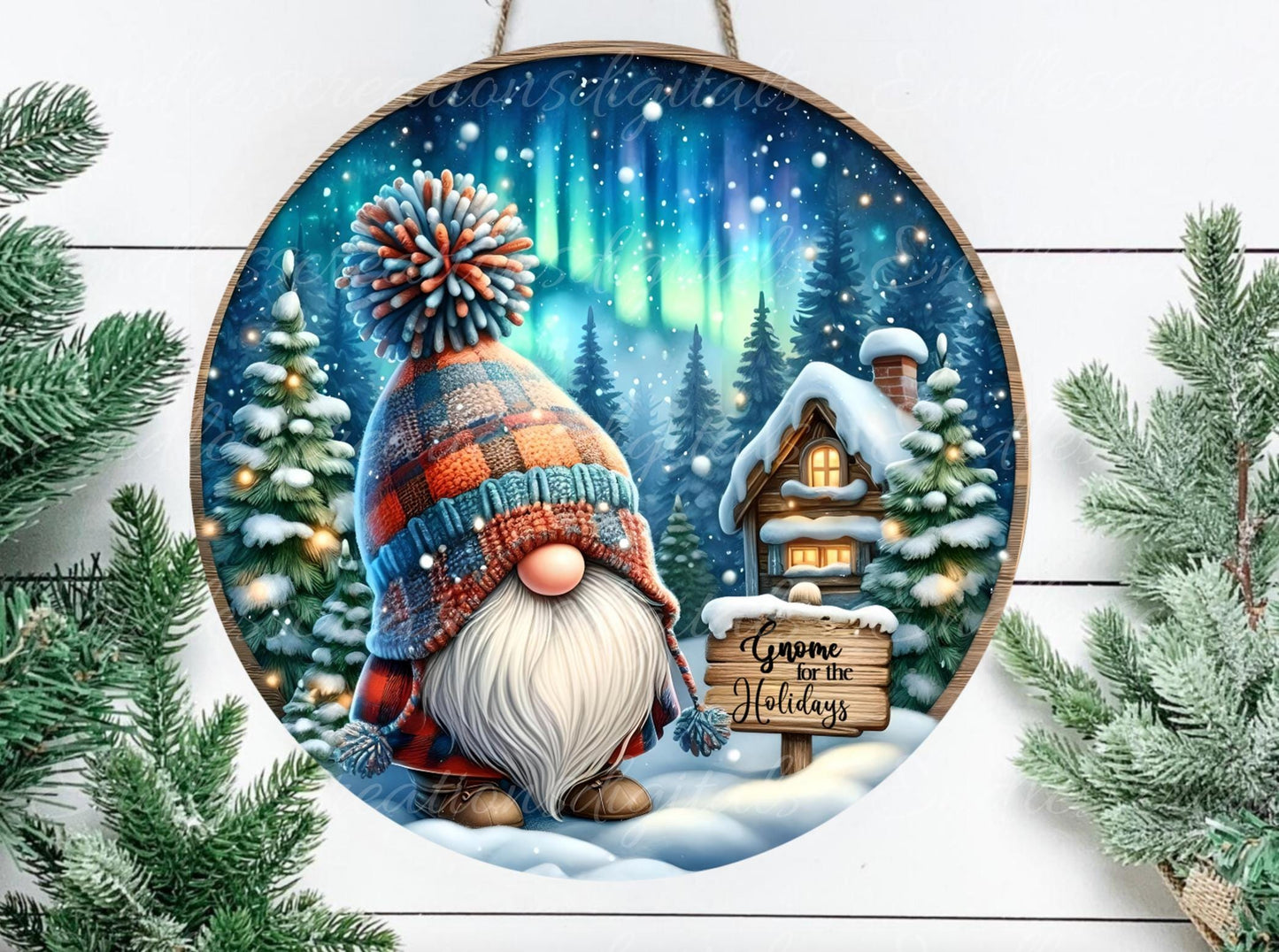 GNOME FOR HOLIDAYS Door hanger, wreath sign, round cutting board, ornament, resize, for sublimation high resolution 2 files, 1 add own text
