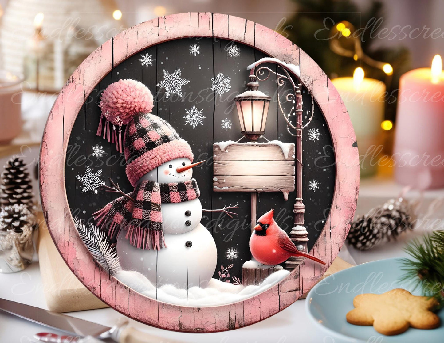 PINK SNOWMAN Door hanger, wreath sign, round cutting board, ornament, can resize, for sublimation high resolution 2 files, 1 add own text