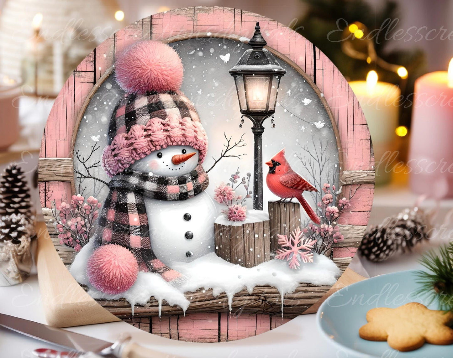 PINK SNOWMAN Door hanger, wreath sign, round cutting board, ornament, can resize, for sublimation high resolution 1 file for download
