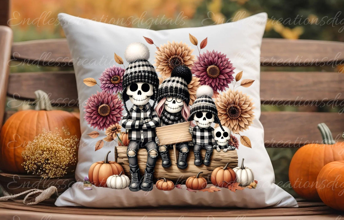 FALL SKELETON PILLOW covers, tea towel, tote bags etc. sublimation package of 5 high definition 300 Dpi, transparent, add your own text