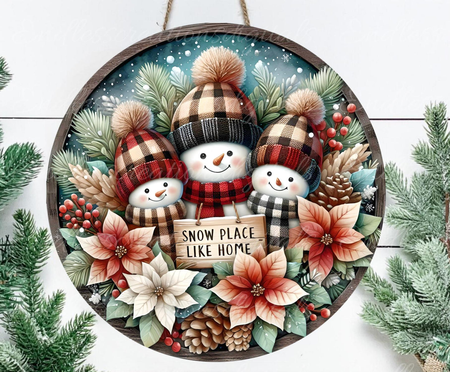WINTER PLAID SNOWMAN Door hanger, wreath sign, round cutting board, ornament, resize, sublimation high resolution 2 files, 1 add own text