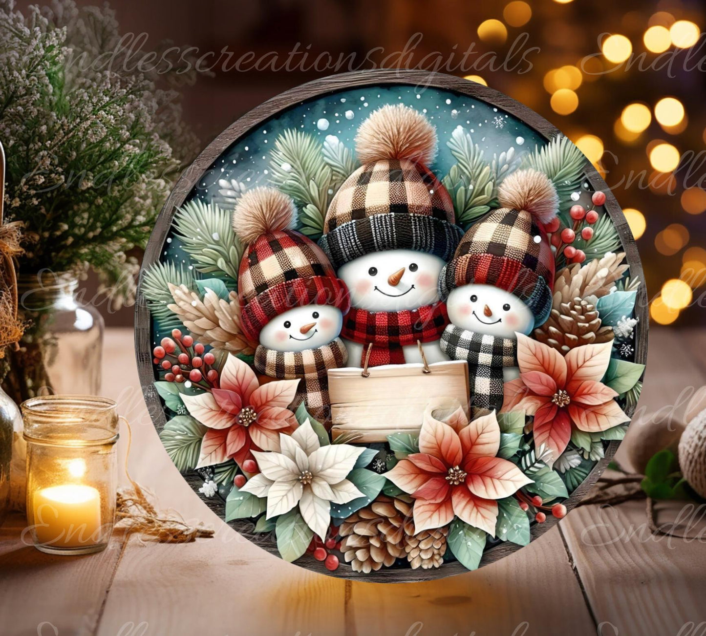 WINTER PLAID SNOWMAN Door hanger, wreath sign, round cutting board, ornament, resize, sublimation high resolution 2 files, 1 add own text