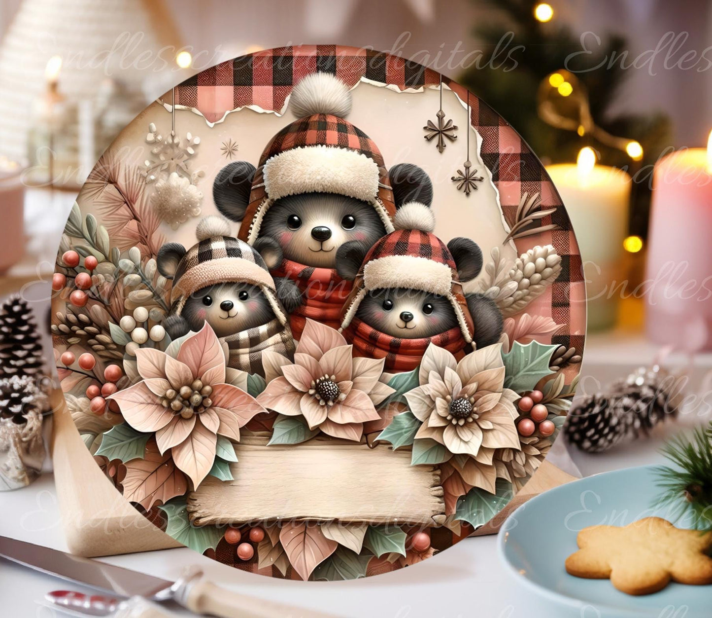 WINTER PLAID BEARS Door hanger, wreath sign, round cutting board, ornament, resize, sublimation high resolution 2 files, 1 add own text