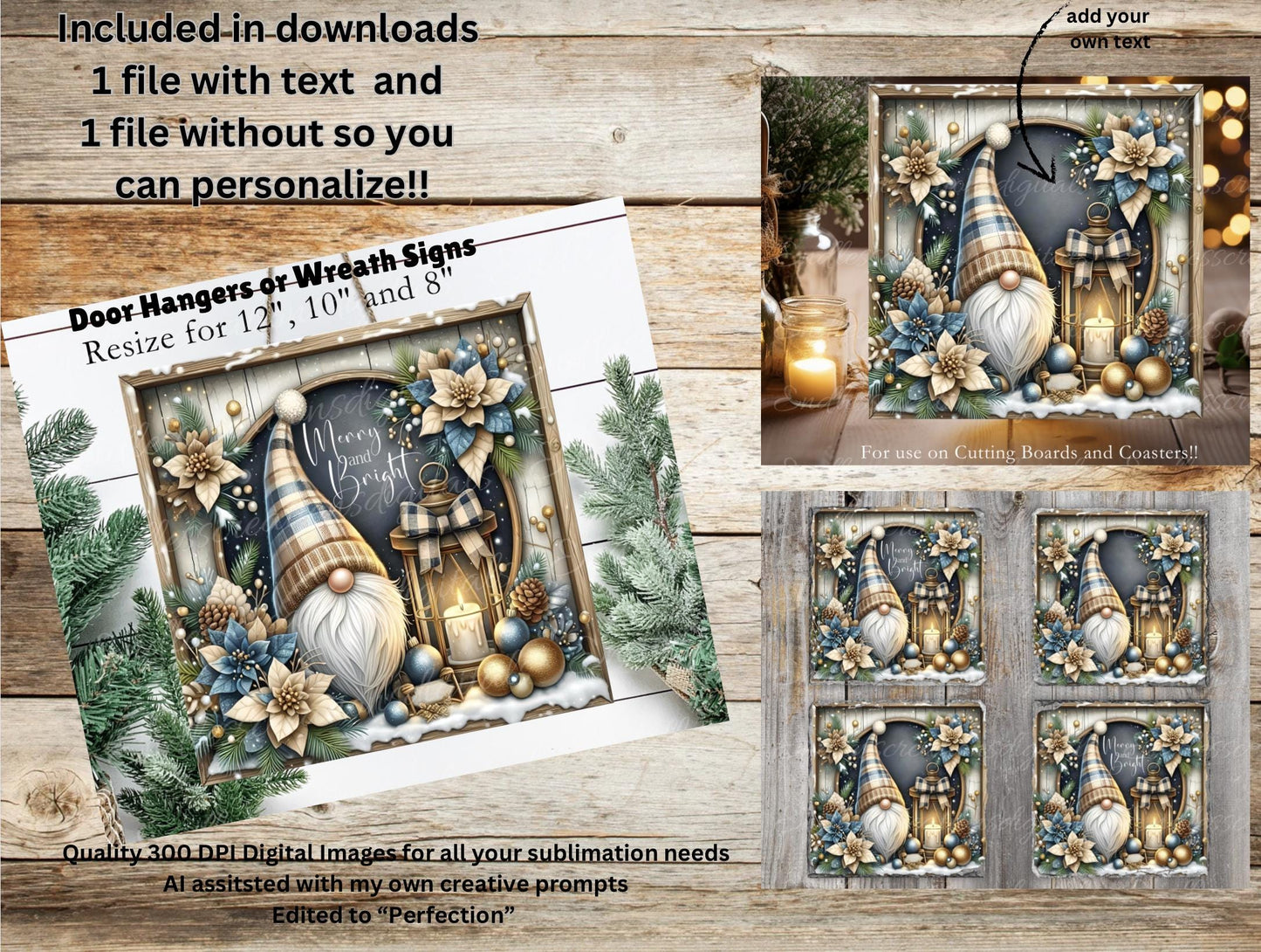 WINTER GNOME SQUARE door hanger, wreath sign, square cutting board, coasters for sublimation high resolution 2 files, 1 add your own text