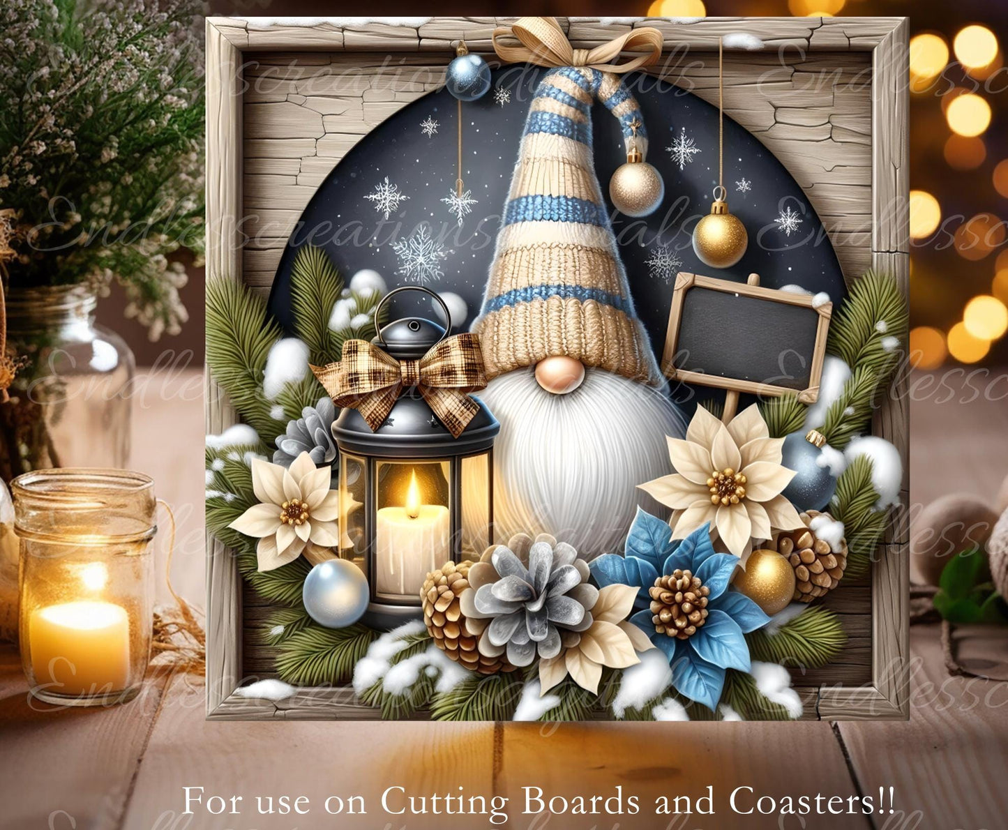 WINTER GNOME SQUARE door hanger, wreath sign, square cutting board, coasters, for sublimation high resolution 2 files, 1 add your own text