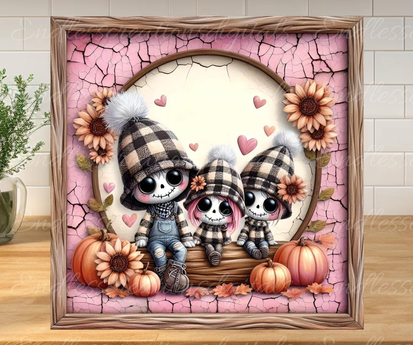 FALL PINK ZOMBIE Family Square Door hanger, wreath sign, square cutting board, for sublimation high resolution 2 files, 1 add your own text