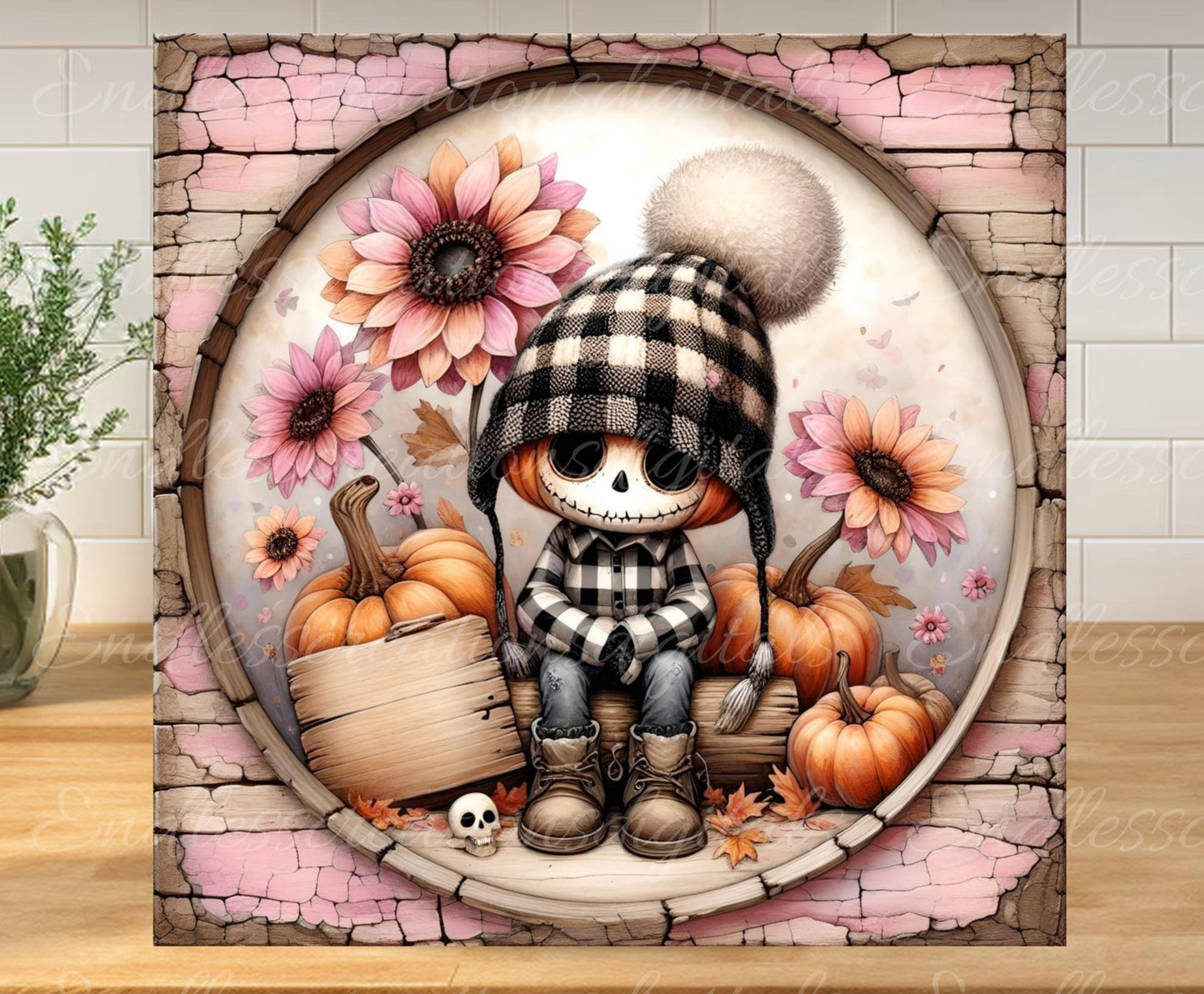 FALL PINK ZOMBIE Square Door hanger, wreath sign, square cutting board, for sublimation high resolution 2 files, 1 add your own text