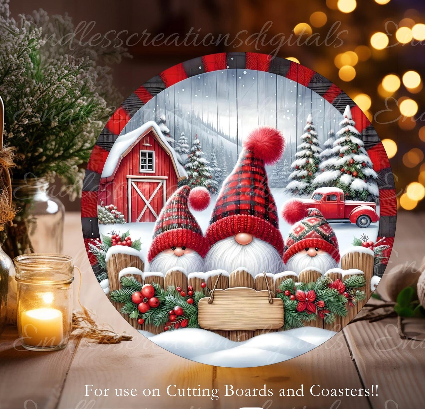 CHRISTMAS GNOMES TRUCK Door hanger, wreath sign round cutting board resize sublimation high resolution 2 files for download, 1 add text