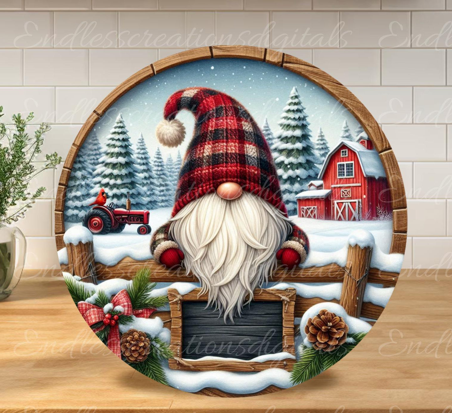 CHRISTMAS GNOMES TRACTOR Door hanger, wreath sign round cutting board resize sublimation high resolution 2 files for download, 1 add text
