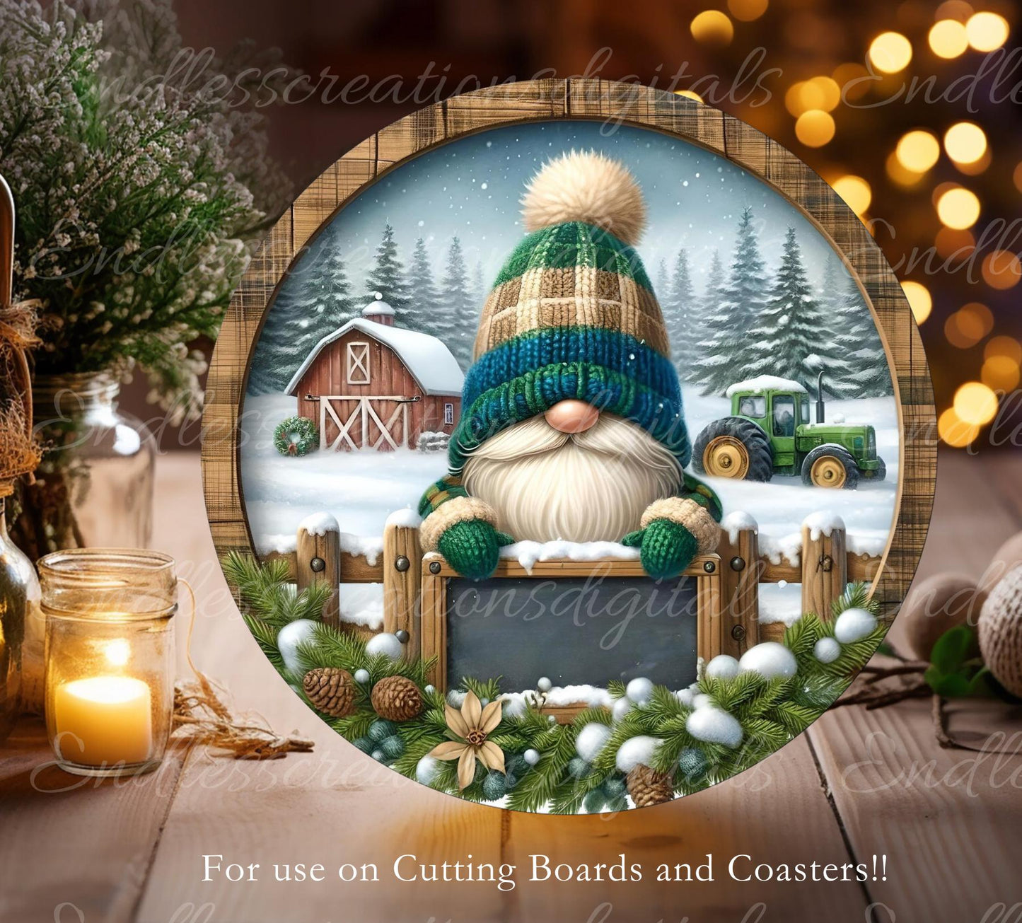 WINTER FARM GNOME Door hanger, wreath sign round cutting board resize sublimation high resolution 2 files for download, 1 add text DIGITAL DOWNLOAD ONLY