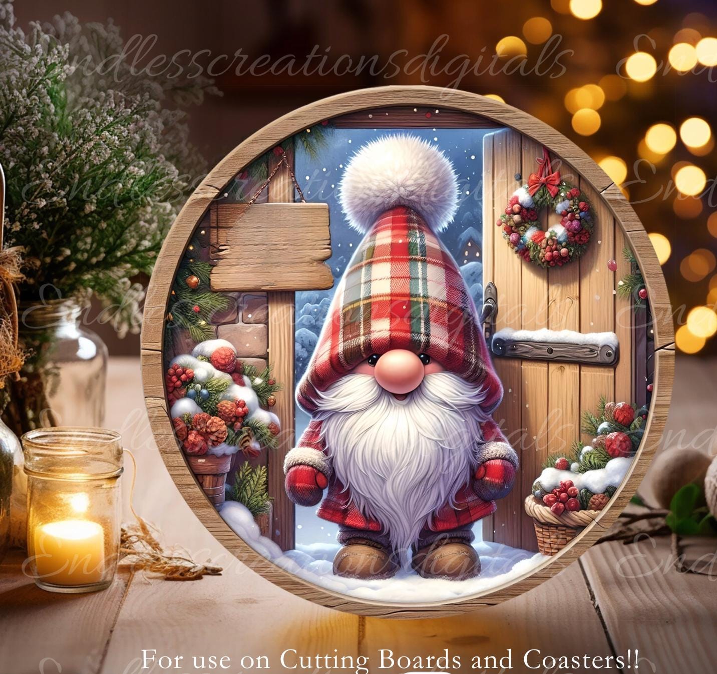 JOLLIEST GNOMES Door hanger, wreath sign, round cutting board, ornament, can resize, for sublimation high resolution, 2 files, 1 add text