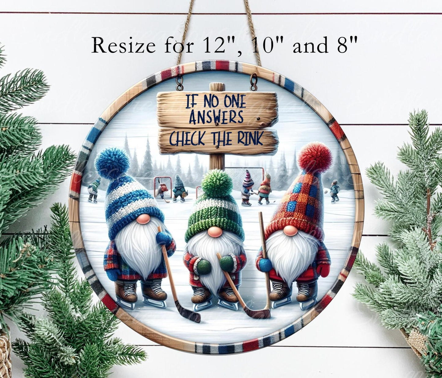 HOCKEY GNOMES Door hanger, wreath sign, round cutting board, ornament, can resize, for sublimation high resolution, 2 files, 1 add text