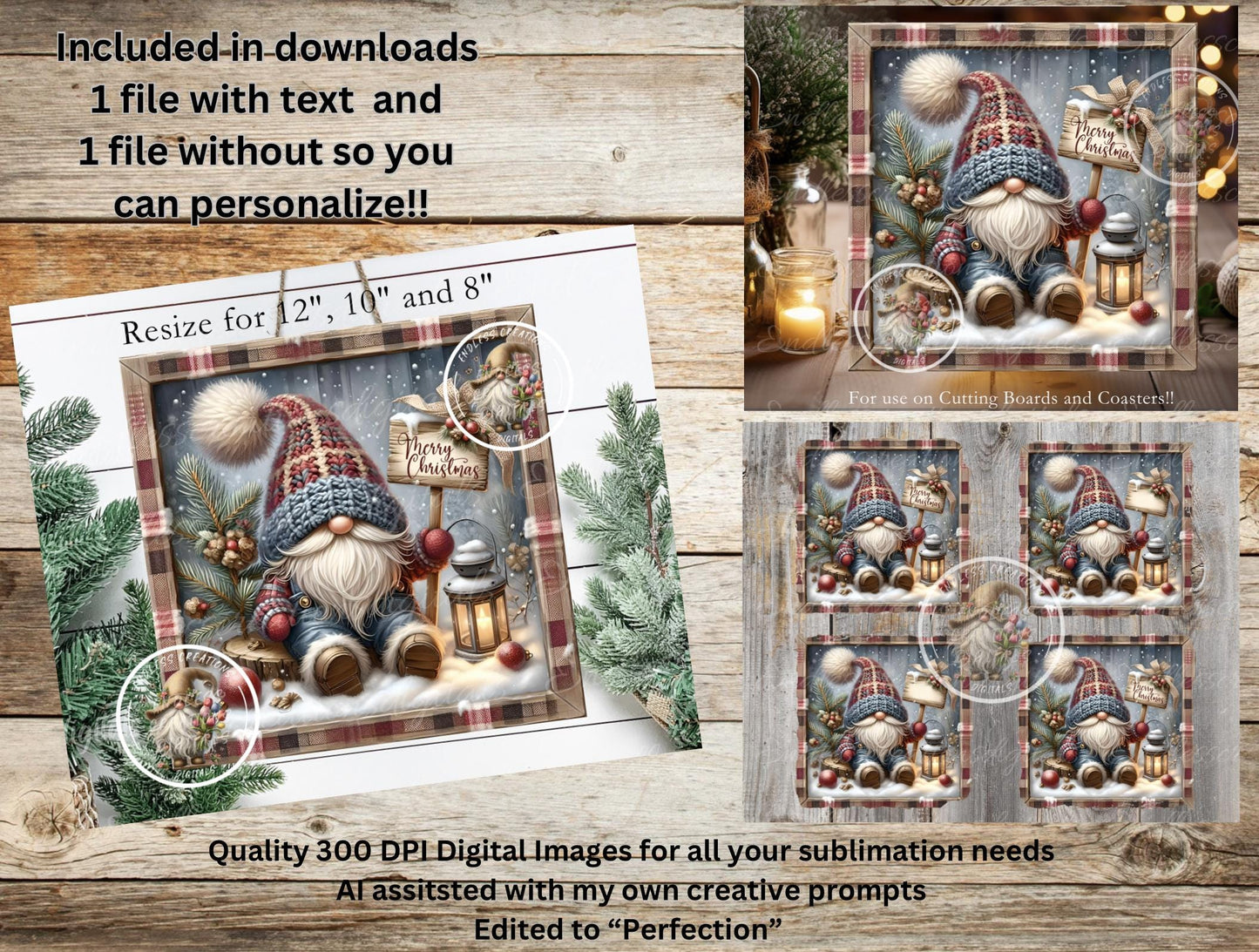 SQUARE WINTER GNOME Door hanger, wreath sign square cutting board, coasters can resize, for sublimation high resolution 2 files, 1 add text