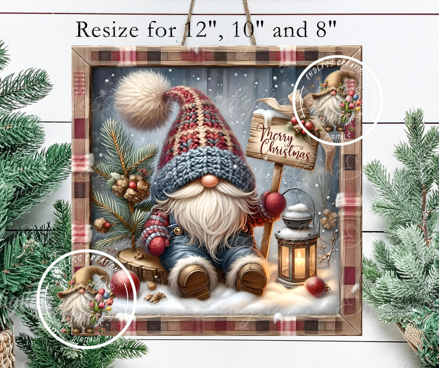 SQUARE WINTER GNOME Door hanger, wreath sign square cutting board, coasters can resize, for sublimation high resolution 2 files, 1 add text