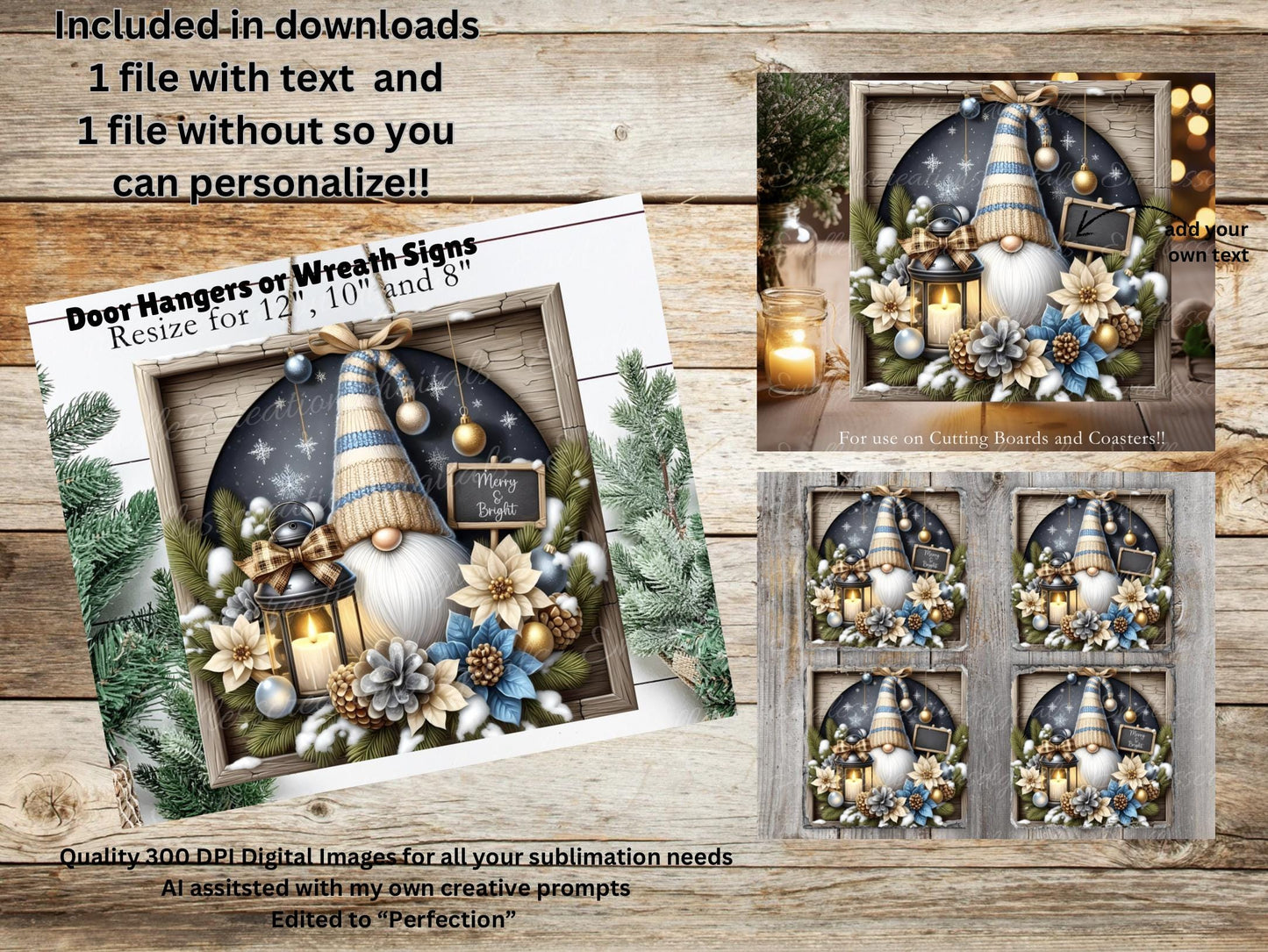 WINTER GNOME SQUARE door hanger, wreath sign, square cutting board, coasters, for sublimation high resolution 2 files, 1 add your own text