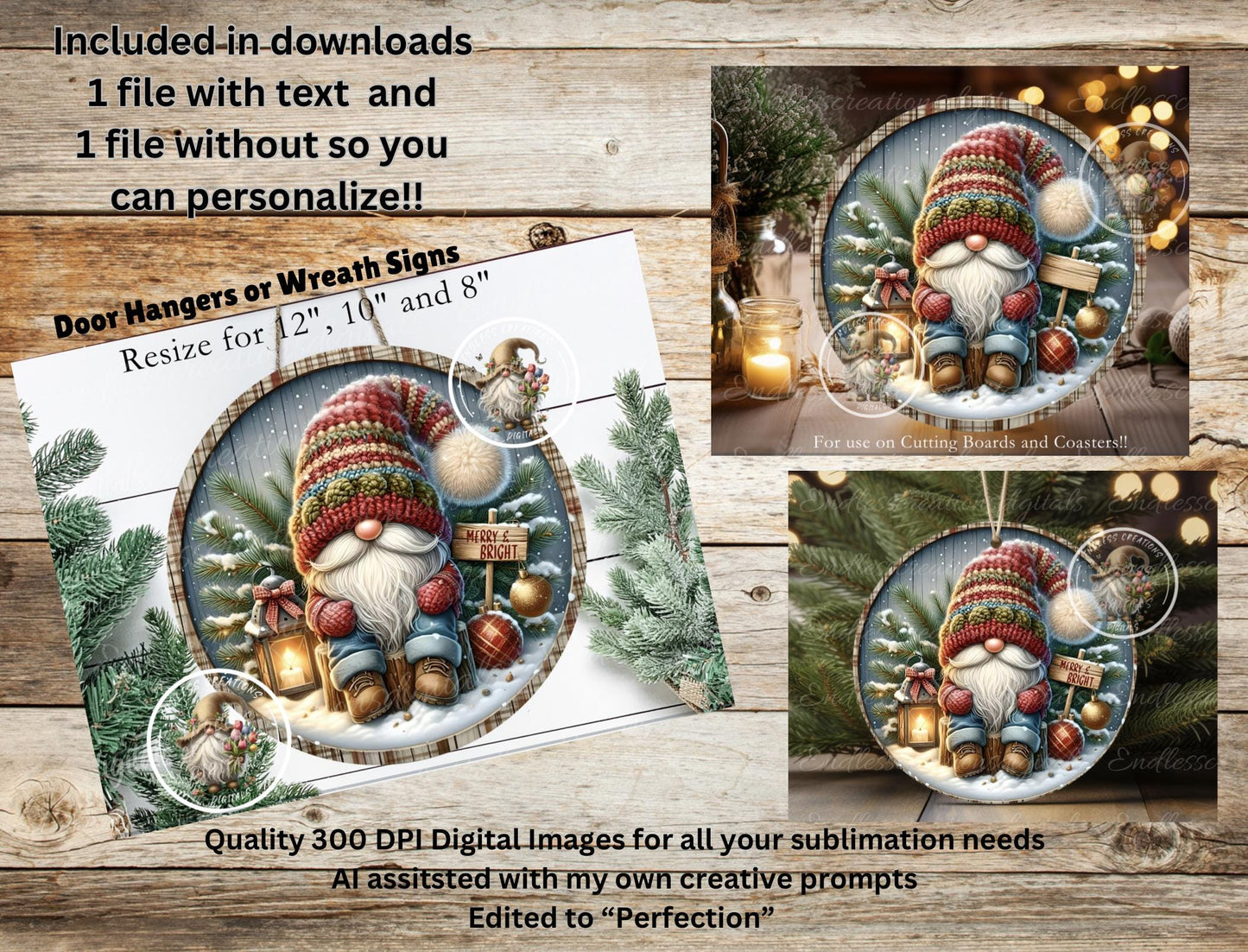 ROUND WINTER GNOME Door hanger, wreath sign square cutting board, coasters can resize, for sublimation high resolution 2 files, 1 add text