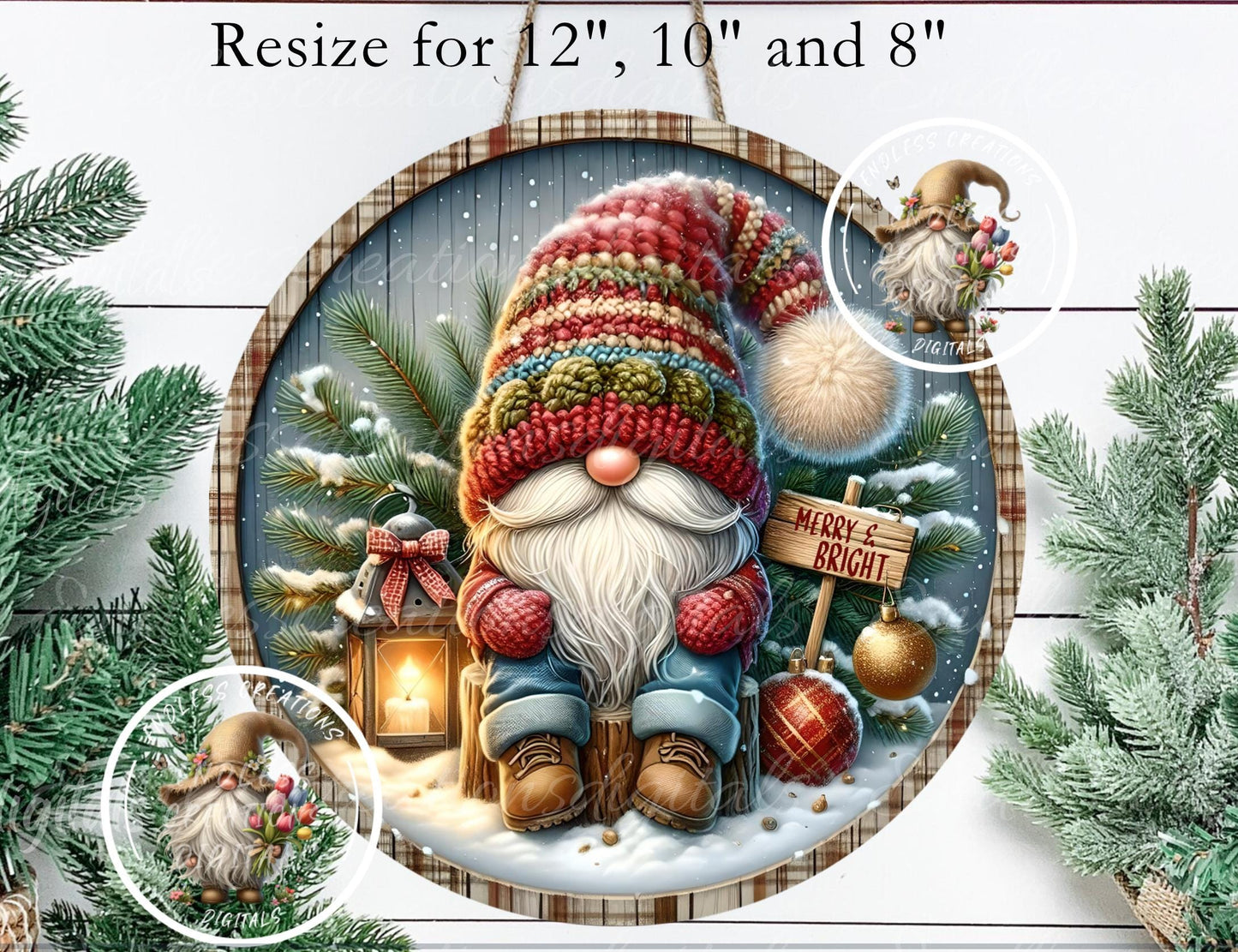 ROUND WINTER GNOME Door hanger, wreath sign square cutting board, coasters can resize, for sublimation high resolution 2 files, 1 add text