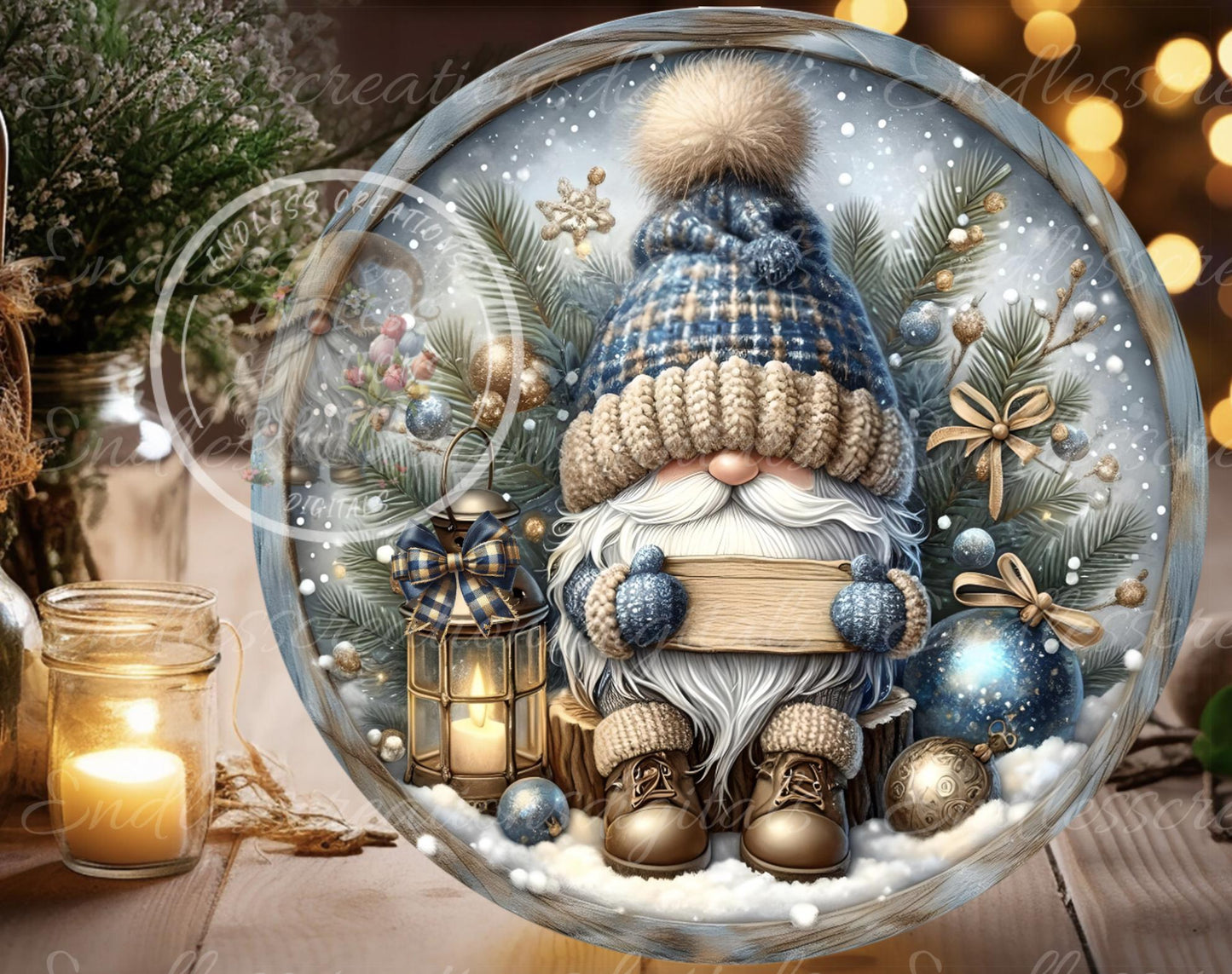 WINTER GNOME ROUND door hanger, wreath sign, round cutting board, ornaments, for sublimation high resolution 2 files, 1 add your own text