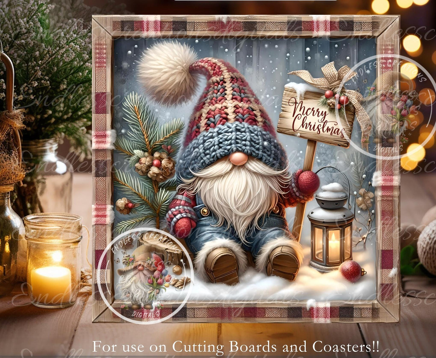 SQUARE WINTER GNOME Door hanger, wreath sign square cutting board, coasters can resize, for sublimation high resolution 2 files, 1 add text