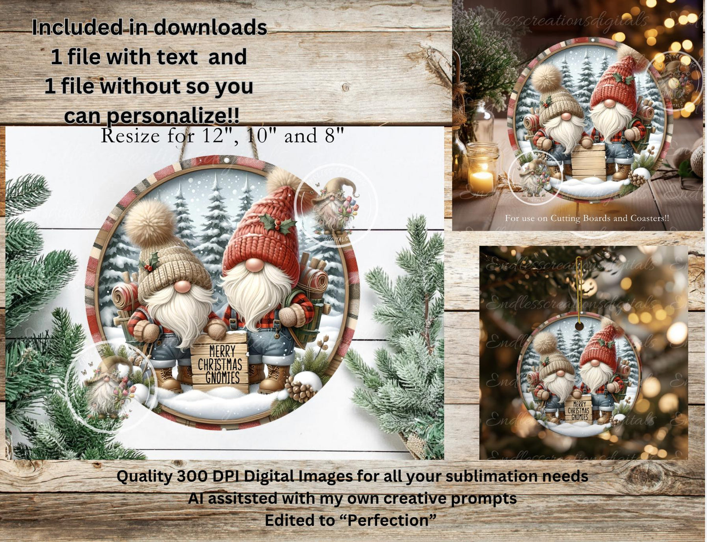 CHRISTMAS GNOMIES Door hanger, wreath sign round cutting board, ornaments, can resize for sublimation high resolution 2 files 1 add text