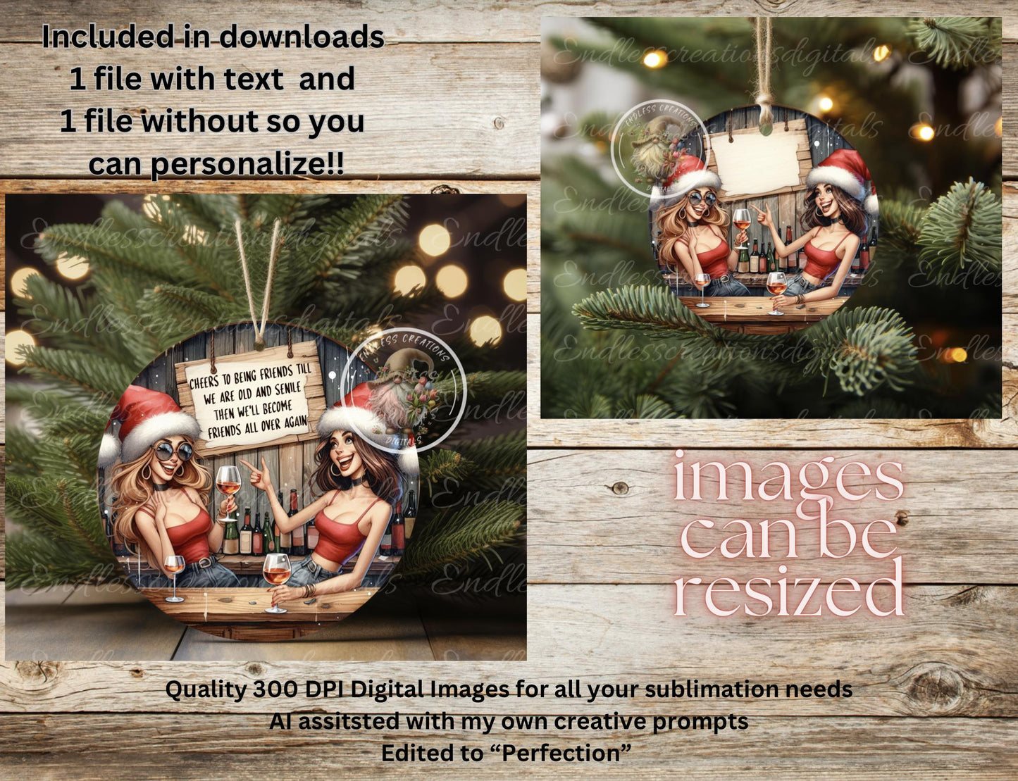 OLD SENILE FRIENDS ornament, Door Hanger for sublimation high resolution 2 files for download 1 add your own text
