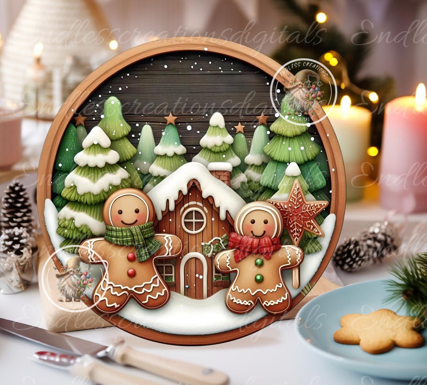 GINGERBREAD COUPLE HOUSE Door hanger wreath sign, cutting board ornament can resize for sublimation high resolution 2 files 1 add text