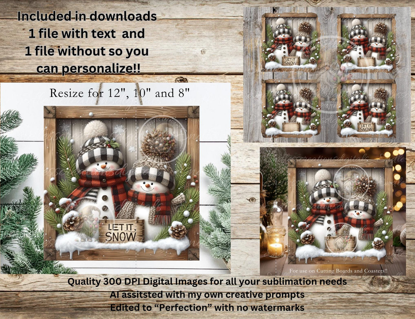 LET IT SNOW Square Door Hanger, cutting board, coasters, sublimation high resolution 2 files for download 1 add your own text Resize