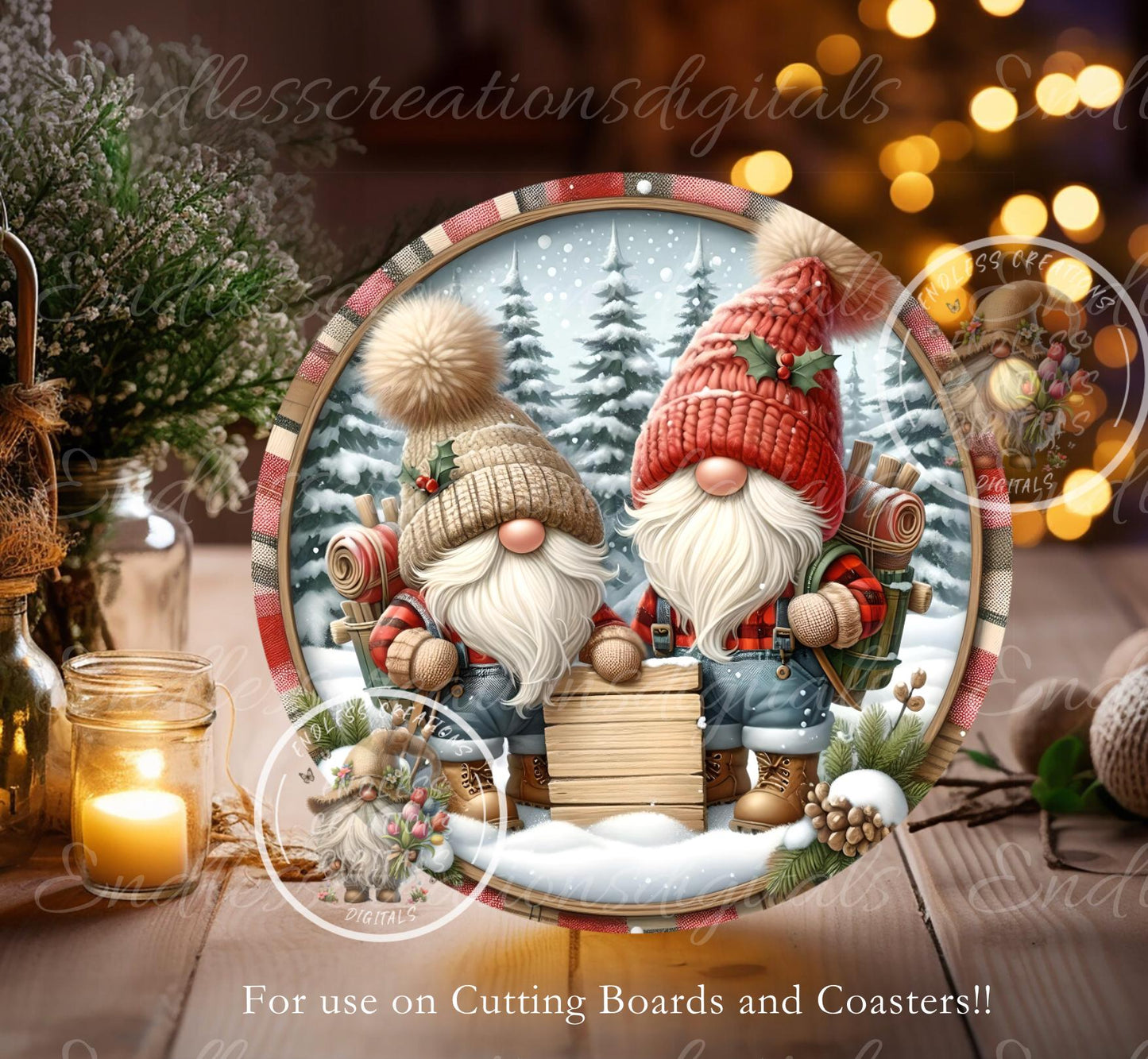 CHRISTMAS GNOMIES Door hanger, wreath sign round cutting board, ornaments, can resize for sublimation high resolution 2 files 1 add text