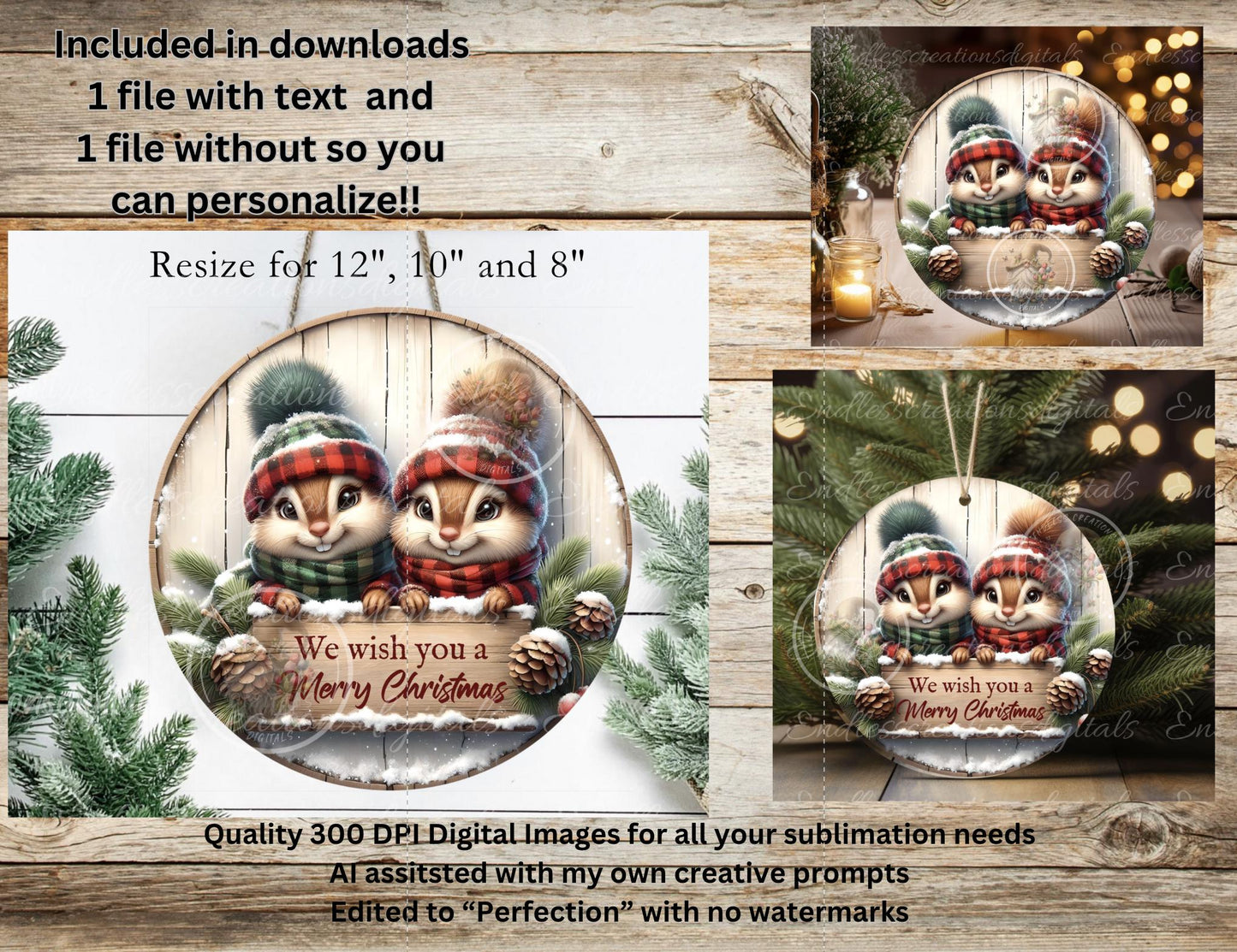 CHRISTMAS CHIPMUNKS ROUND Door Hanger, cutting board, ornament sublimation high resolution 2 files for download 1 add your own text Resize