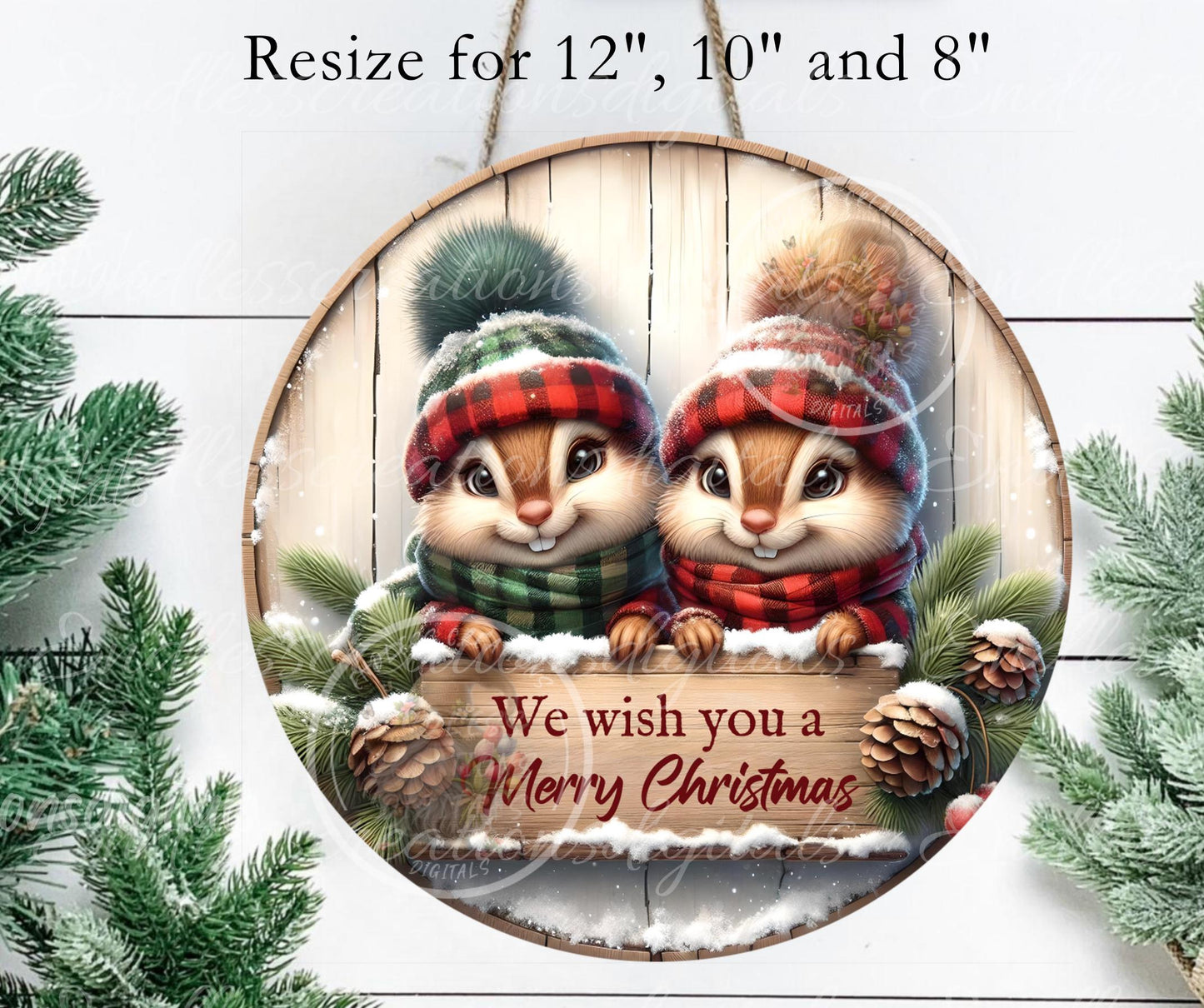 CHRISTMAS CHIPMUNKS ROUND Door Hanger, cutting board, ornament sublimation high resolution 2 files for download 1 add your own text Resize