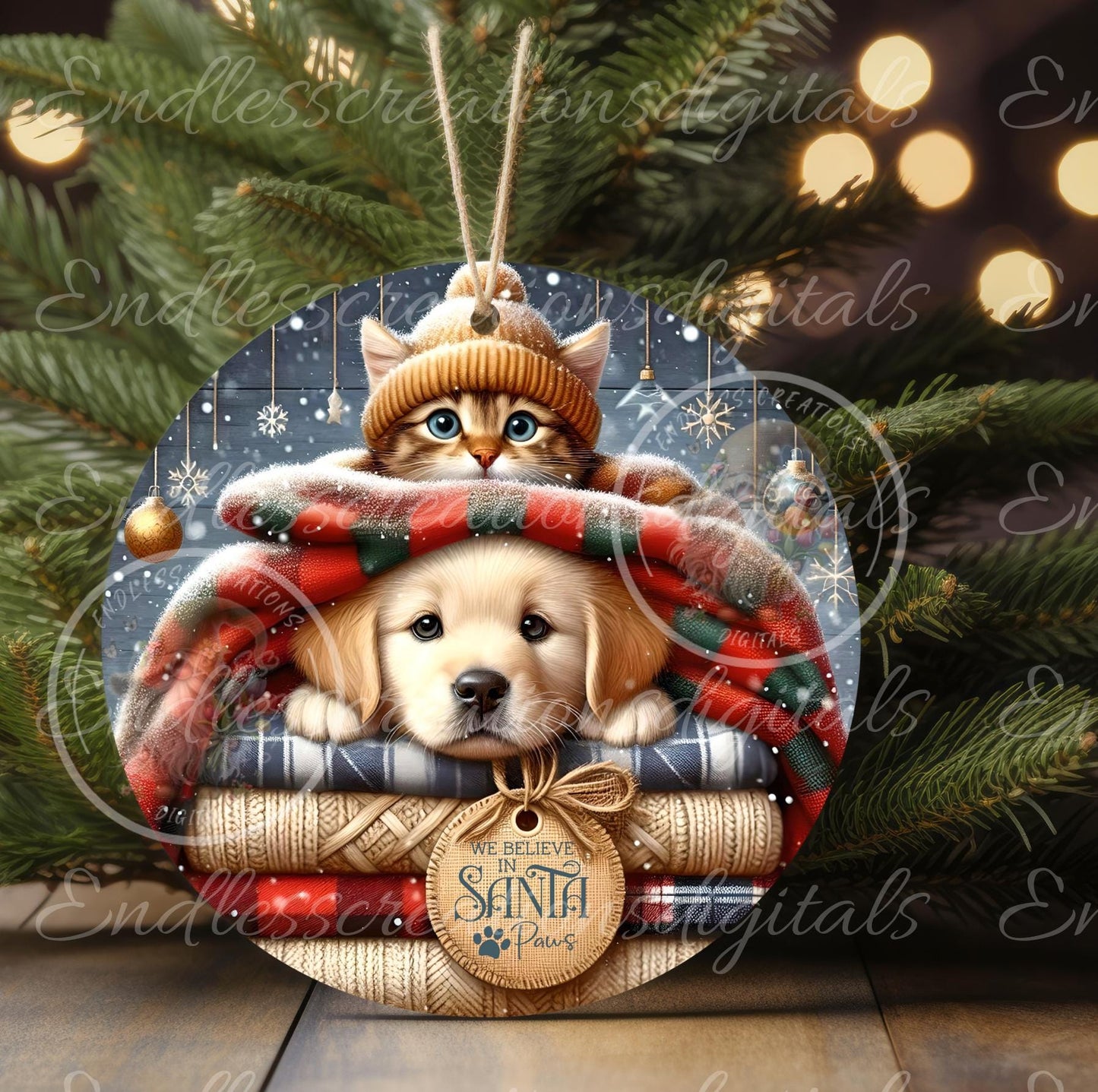 SANTA PAWS ROUND CHRISTMAS ORNAMENT/GIFT TAG