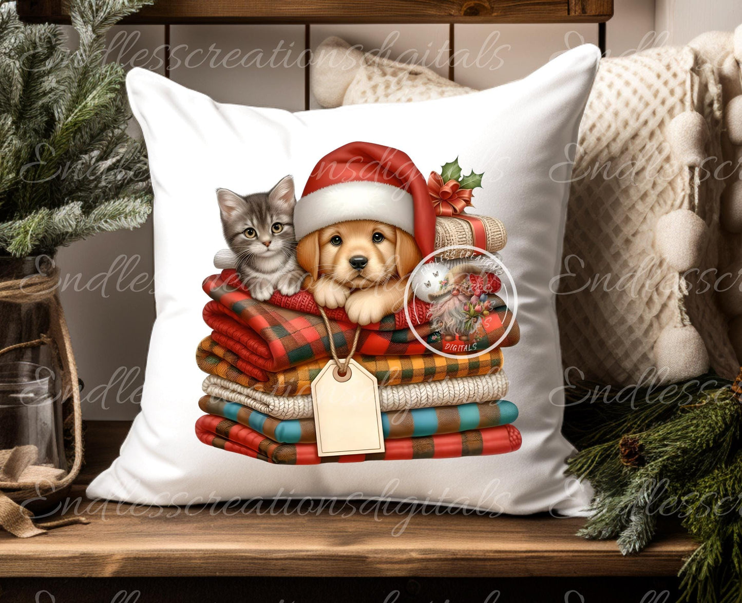 WINTER PUPPIES KITTENS Pillow covers, tea towel, mugs plant pots etc. sublimation 5 high definition 300 Dpi transparent, add your own text
