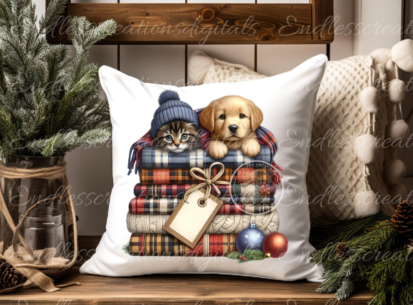 WINTER PUPPIES KITTENS Pillow covers, tea towel, mugs plant pots etc. sublimation 5 high definition 300 Dpi transparent, add your own text