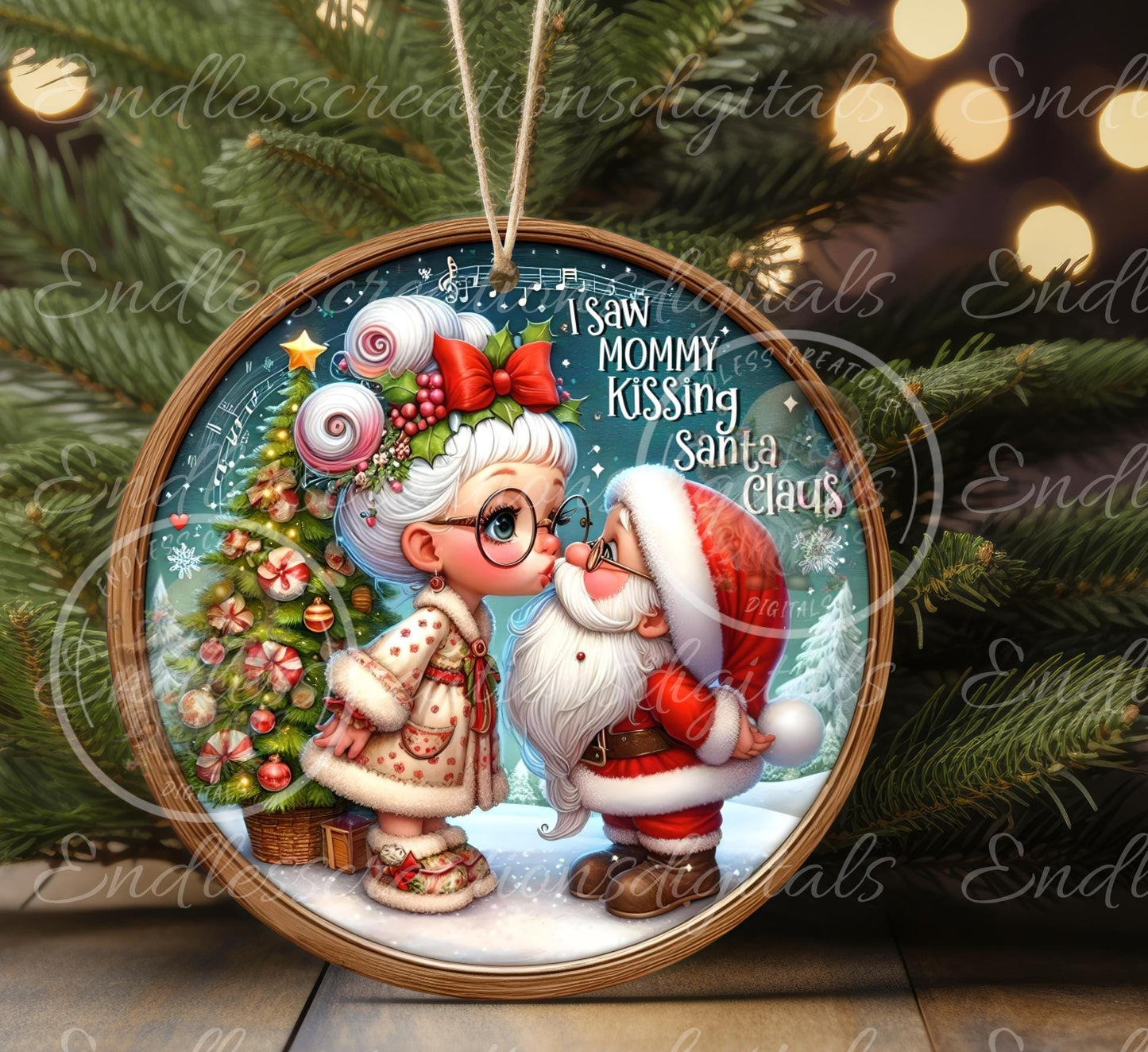 MOMMY KISSING SANTA Door Hanger, cutting board, ornament sublimation high resolution 2 files for download 1 add your own text Resize