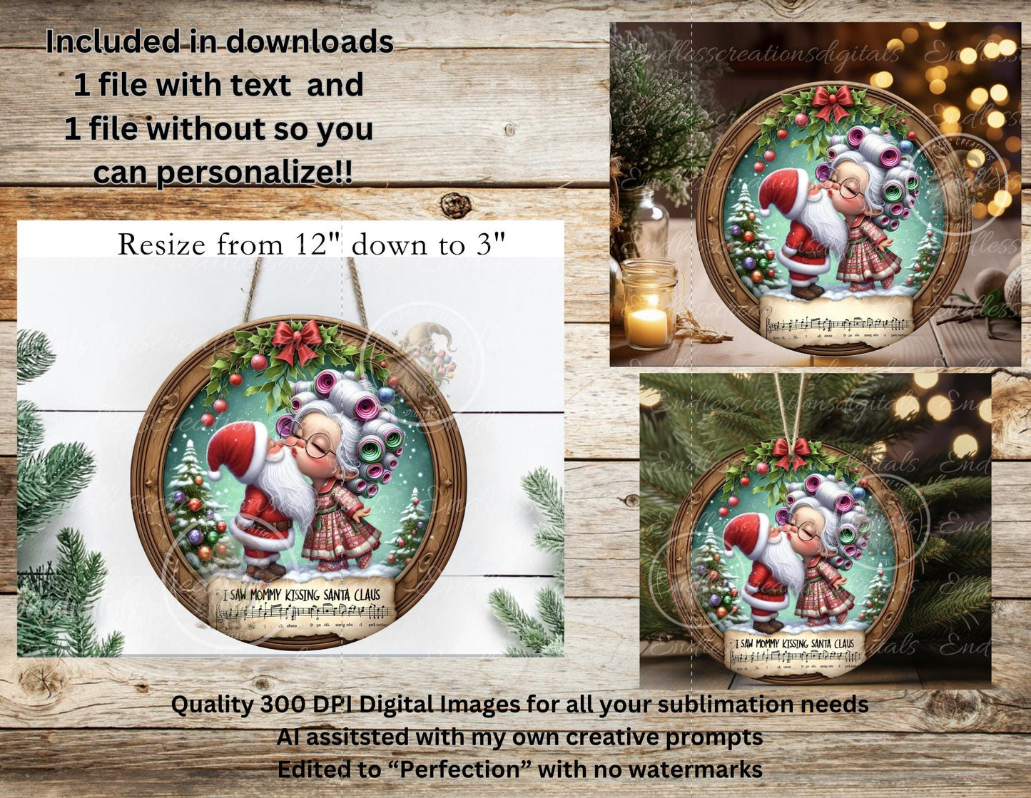 MOMMY KISSING SANTA Door Hanger, cutting board, ornament sublimation high resolution 2 files for download 1 add your own text Resize