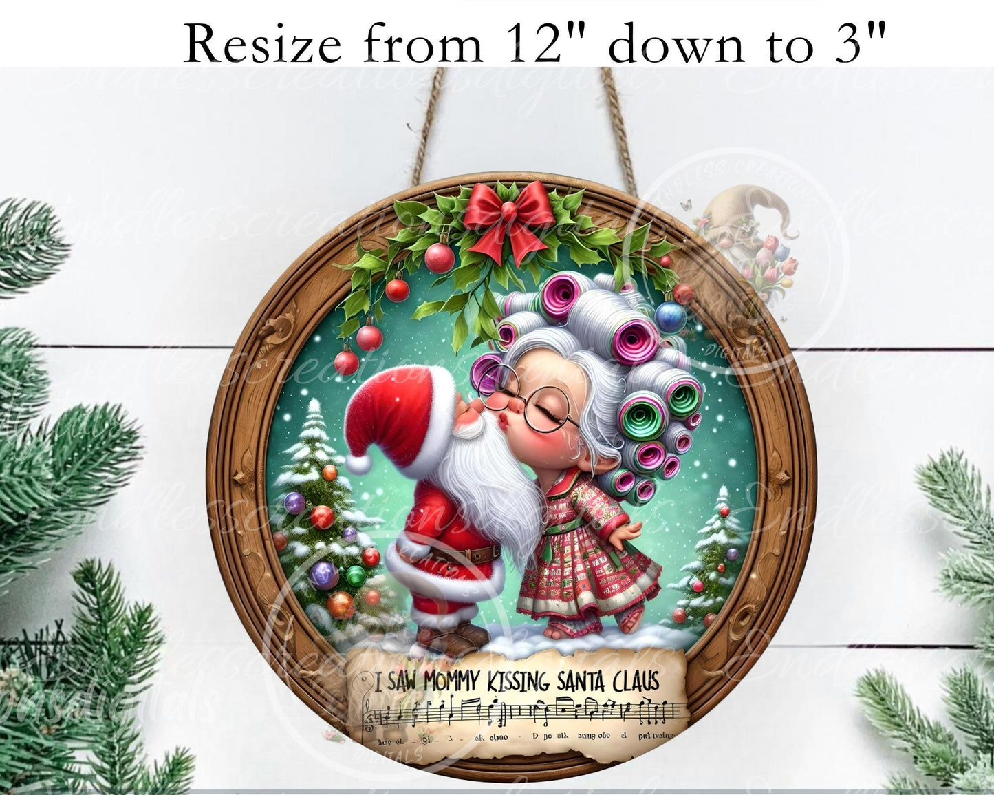MOMMY KISSING SANTA Door Hanger, cutting board, ornament sublimation high resolution 2 files for download 1 add your own text Resize