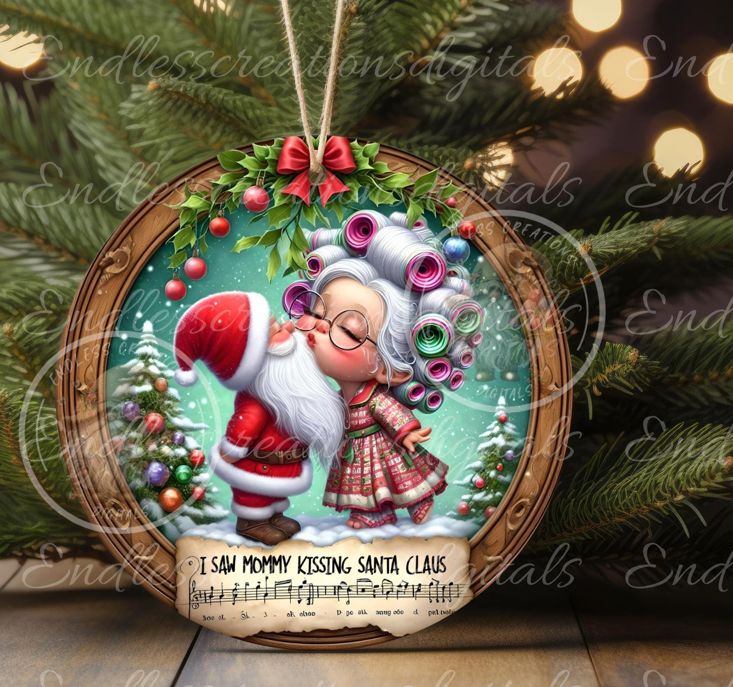 MOMMY KISSING SANTA Door Hanger, cutting board, ornament sublimation high resolution 2 files for download 1 add your own text Resize