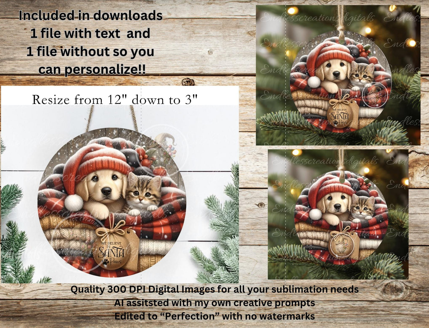 SANTA PAWS ROUND Door Hanger, cutting board, ornament sublimation high resolution 2 files for download 1 add your own text Resize