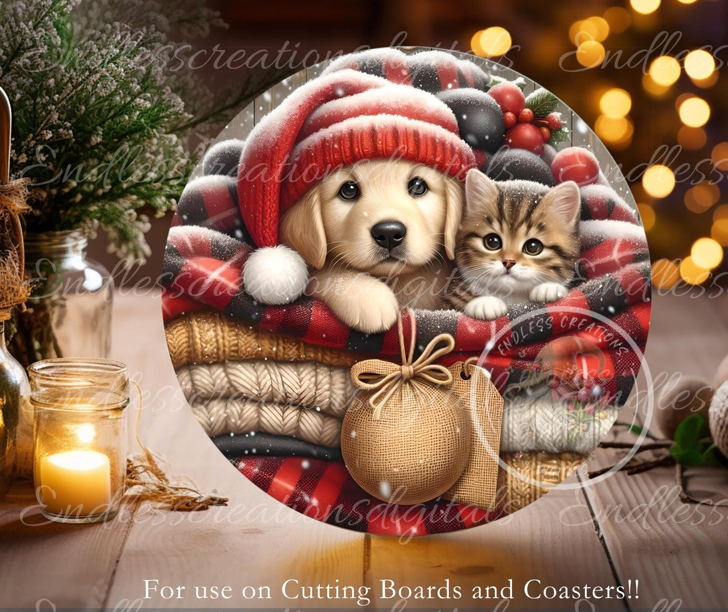 SANTA PAWS ROUND Door Hanger, cutting board, ornament sublimation high resolution 2 files for download 1 add your own text Resize
