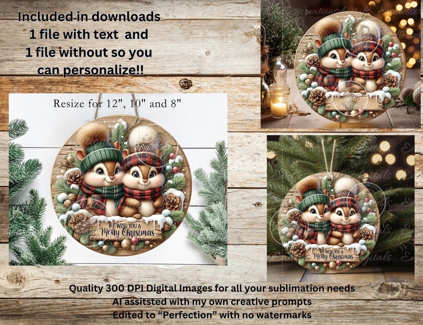 CHRISTMAS CHIPMUNKS ROUND Door Hanger, cutting board, ornament sublimation high resolution 2 files for download 1 add your own text Resize