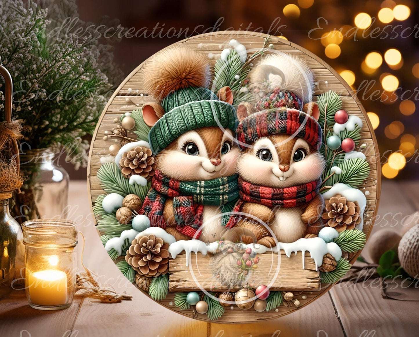 CHRISTMAS CHIPMUNKS ROUND Door Hanger, cutting board, ornament sublimation high resolution 2 files for download 1 add your own text Resize