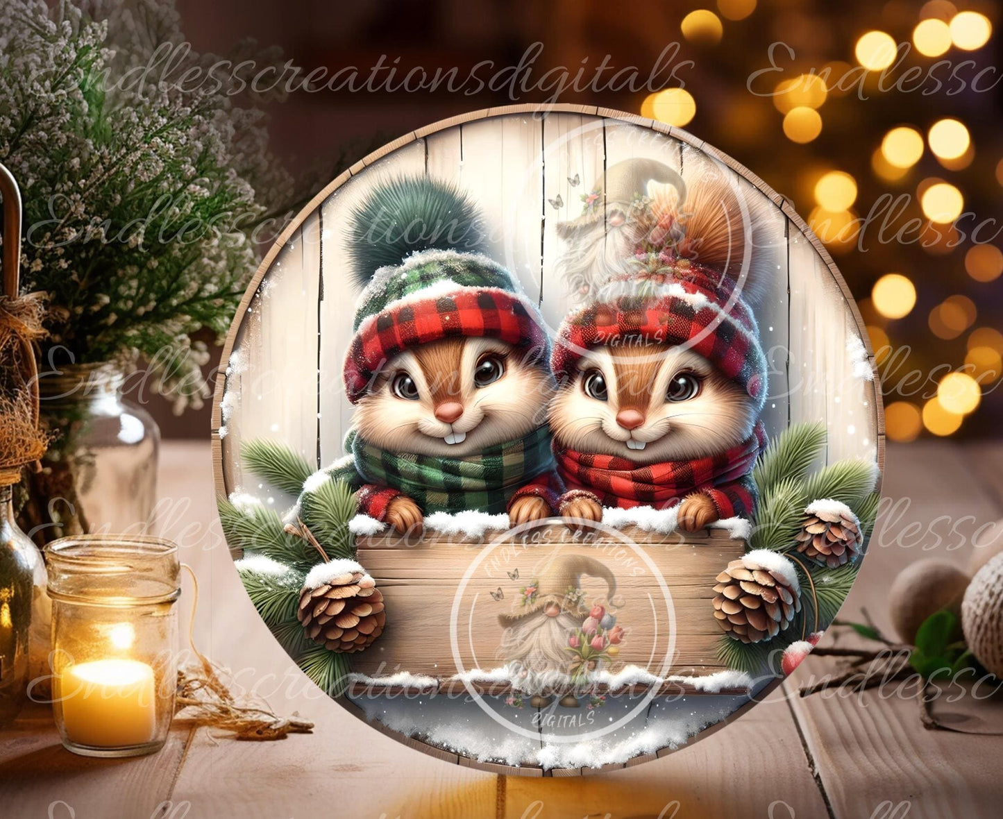 CHRISTMAS CHIPMUNKS ROUND Door Hanger, cutting board, ornament sublimation high resolution 2 files for download 1 add your own text Resize