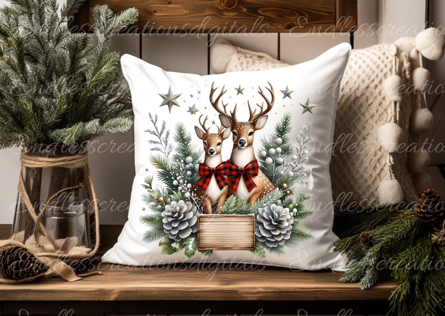 CHRISTMAS DEER PILLOW covers, tea towel, mugs, . sublimation package of 5 blanks add your own text high definition 300 Dpi, transparent,